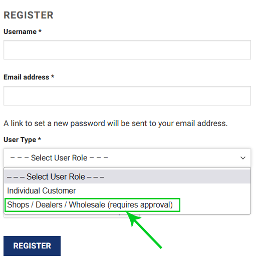 Register for wholesale